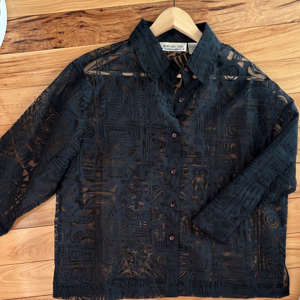 Sheer Black Patterned Button-Up Shirt (large)